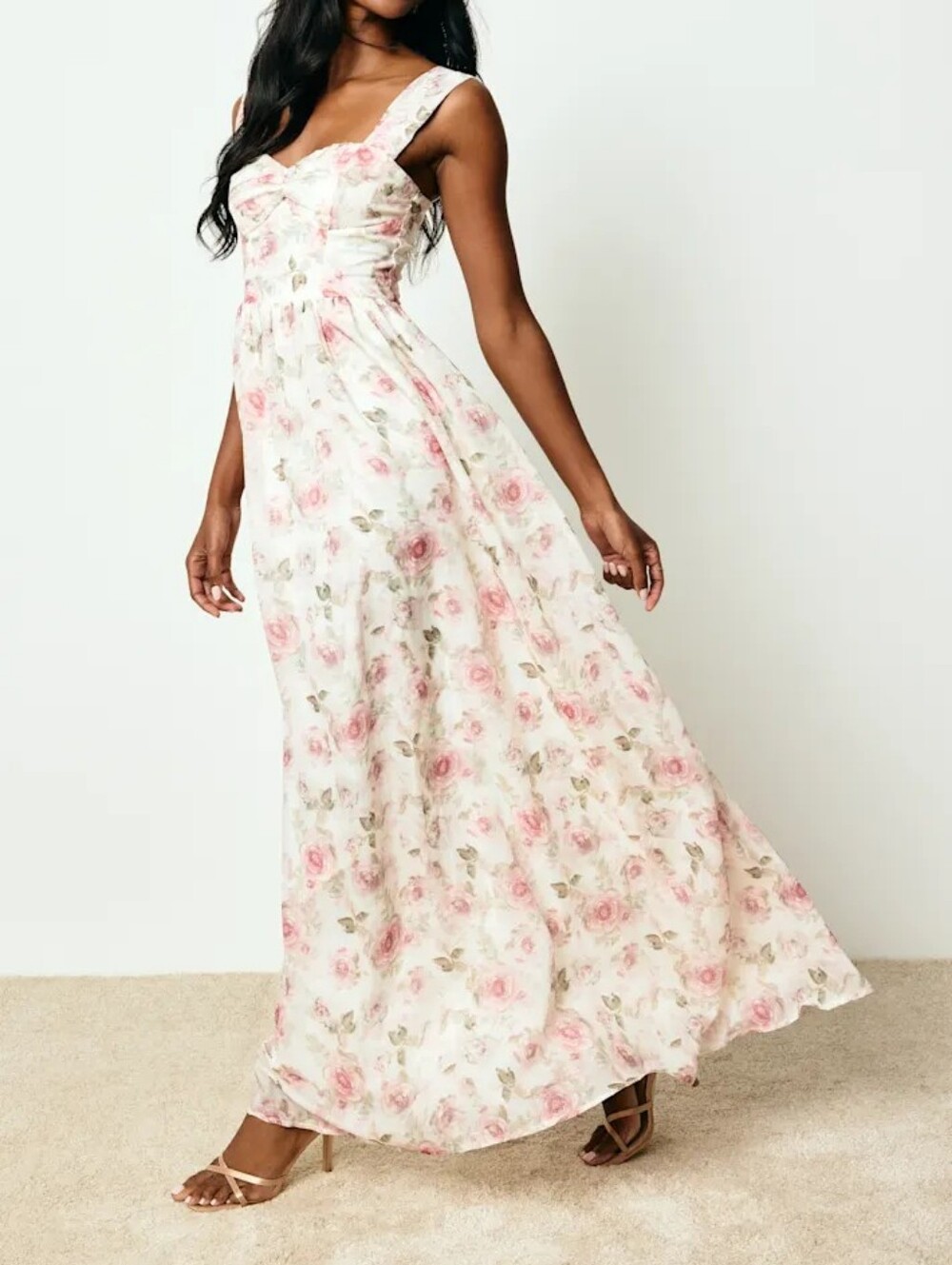 Lulu's White and Pink Rose Print Floral Maxi Dress